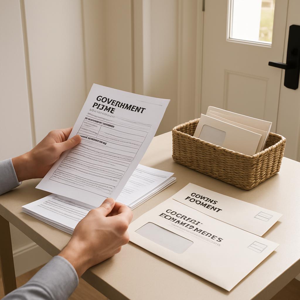 A woman's hand holding a government PIME form, sitting at a white desk scanning through a stack of documents, with a wicke...