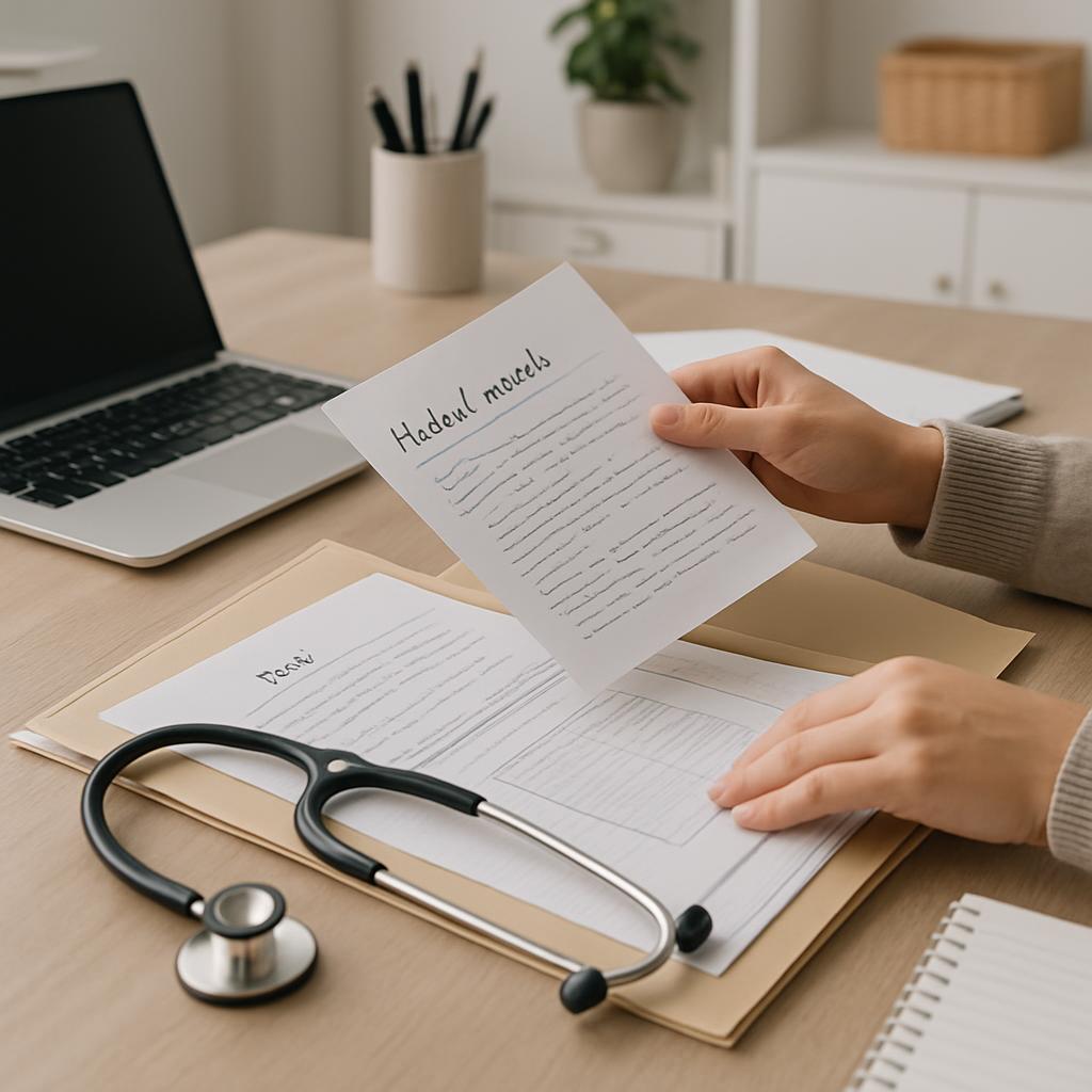 A woman's hands viewing text paper on top of what appears to be files on a desk, holding a stethoscope to her side. In the...