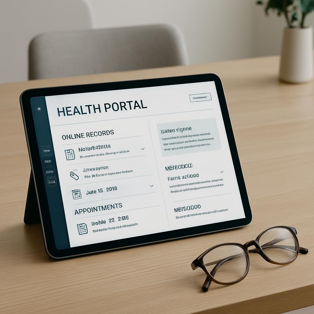 An image of a health portal on a tablet with a pair of glasses on the desk below.
