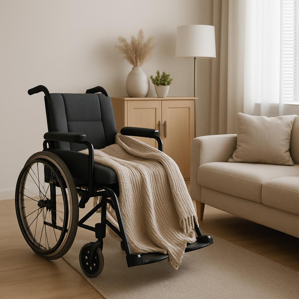 a fully accessible living room featuring an all-beige color palette, decorated with a couch, cabinet and chair with a blan...